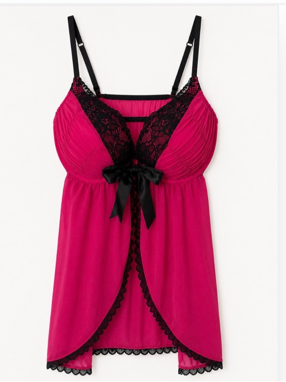 La Senza Vampy Magenta Sheer Mesh Lingerie Chemise Black Lace Bow Barbiecore